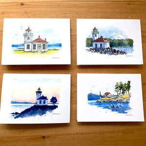 4 Card Pack /// Washington State Lighthouses Aquarel Illustraties Blank Inside Wenskaarten