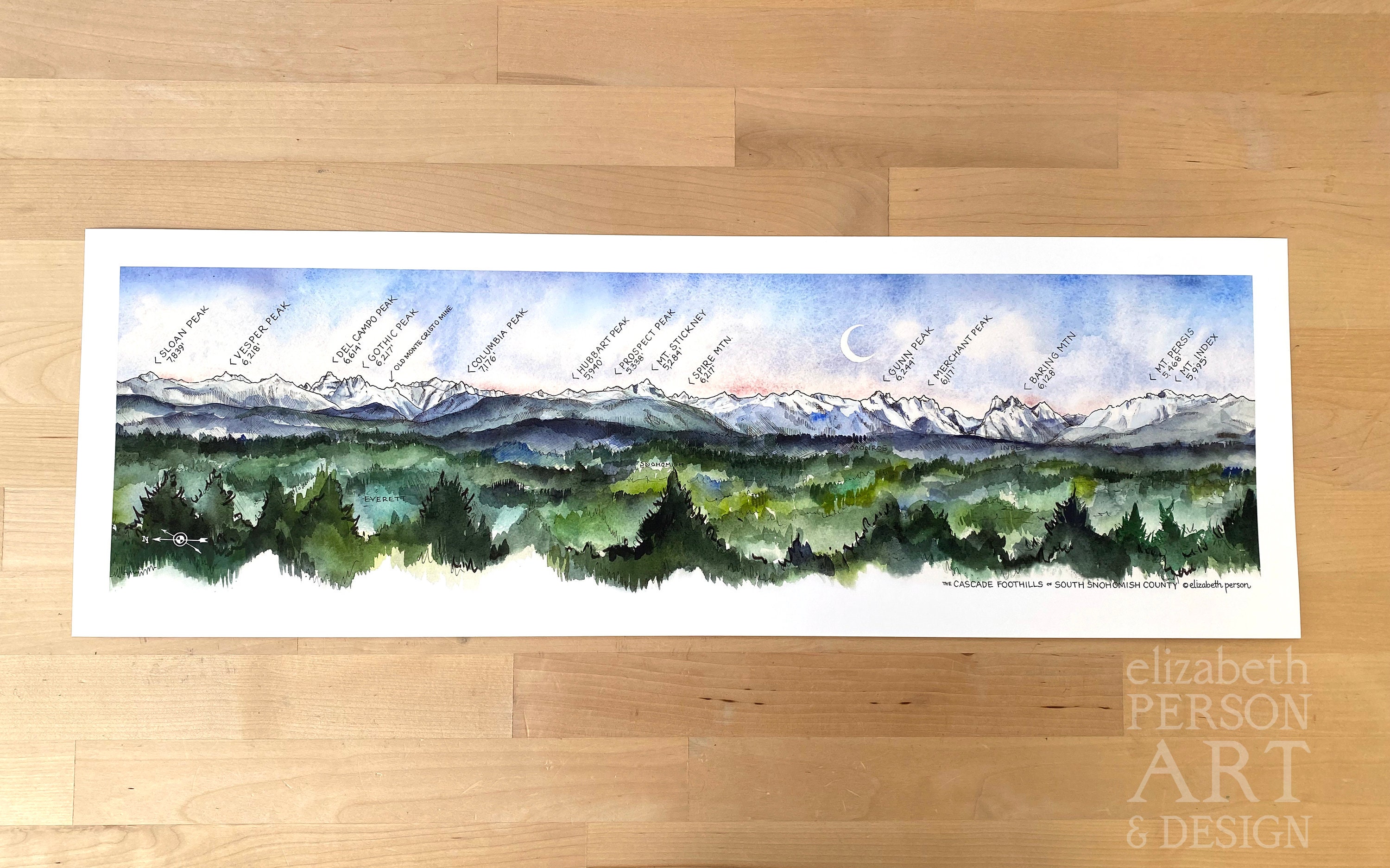 South Snohomish County Cascades Sloan Peak Prospect Stickney Baring Mtn Mt  Index aquarel illustratie Art Print - Etsy België, image size:3000x1873