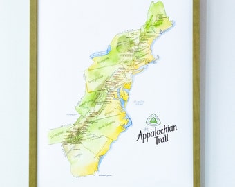 Appalachian Trail Map Detailed Watercolor AT Thru-Hiker Gifts Backpacker Wall Art Print Poster Gift for Hiker Outdoorsy Map Art Print