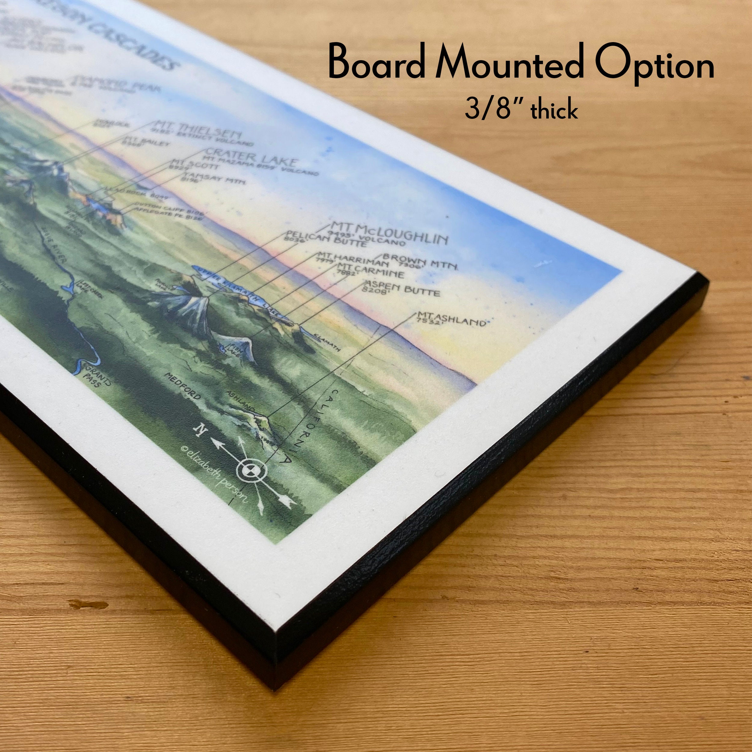 オレゴン州カスケード山脈の水彩画イラスト、クレーター湖、マウント