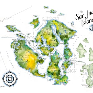 San Juan Islands Karte Aquarell Illustration Orcas Lopez San Juan Shaw Waldron Guemes Center Island Anacortes Puget Sound Wandkarte Kunstdruck