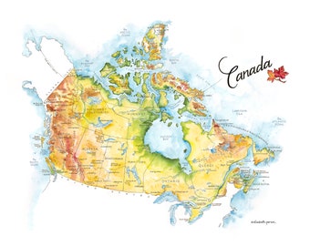 Canada Map Watercolor Illustration Country Map Canadian Province Map Wall Art Ottawa Quebec Artwork Map Poster Roadtrip Travel Gift Print