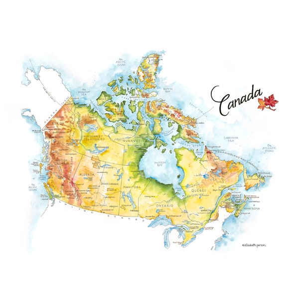 Illustration aquarelle de carte du Canada, carte du pays, carte de la province du Canada, art mural, Ottawa, Québec, affiche de carte, impression de cadeau de voyage en voiture