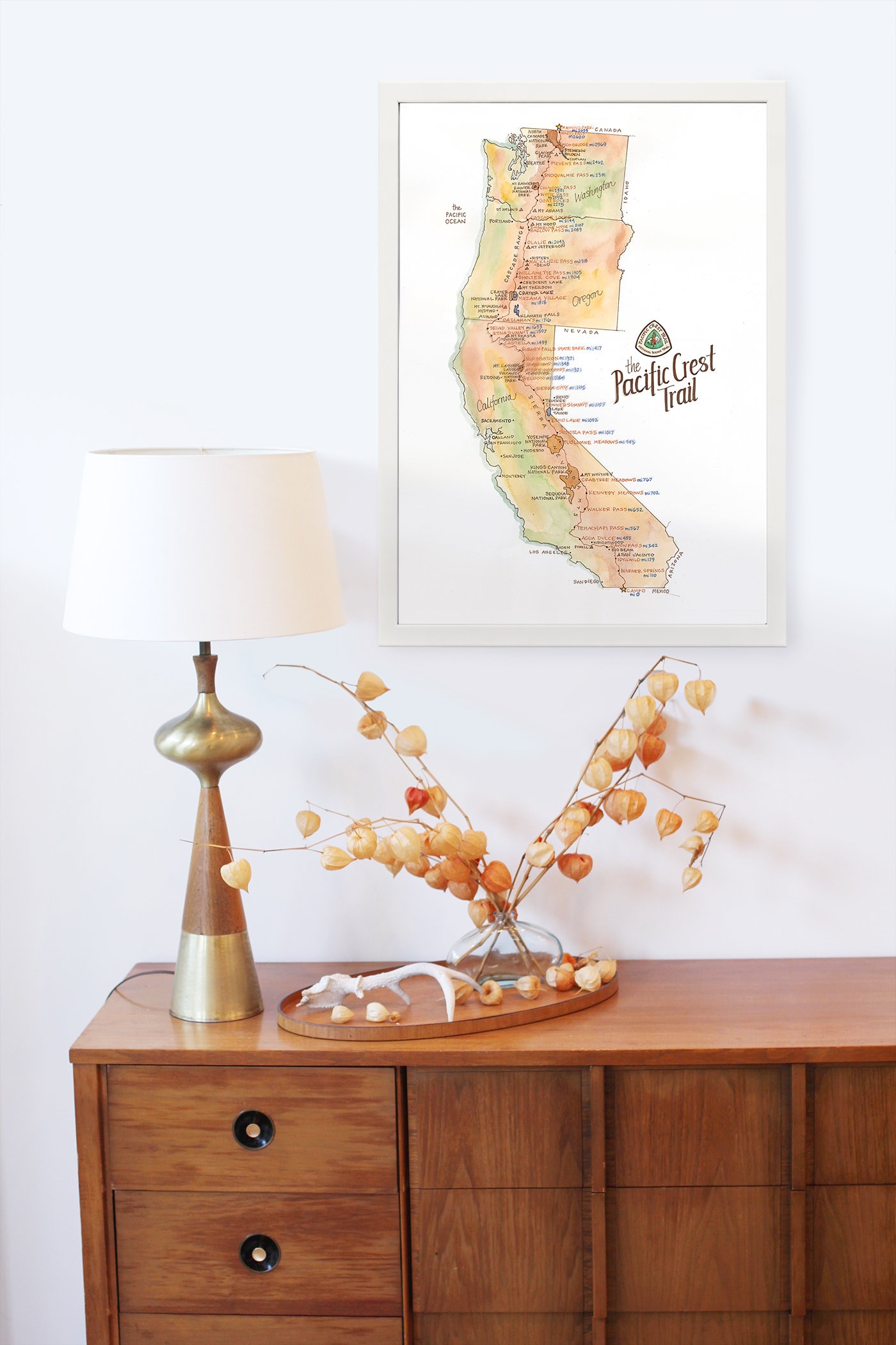 パシフィック・クレスト・トレイル地図 詳細な水彩画 PCT スルー