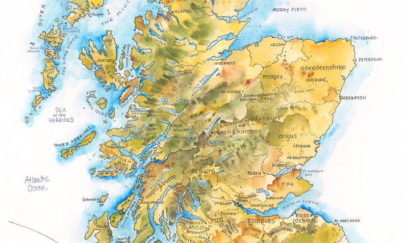 Scotland Map Watercolor Illustration Alba Scottish Highlands | Etsy