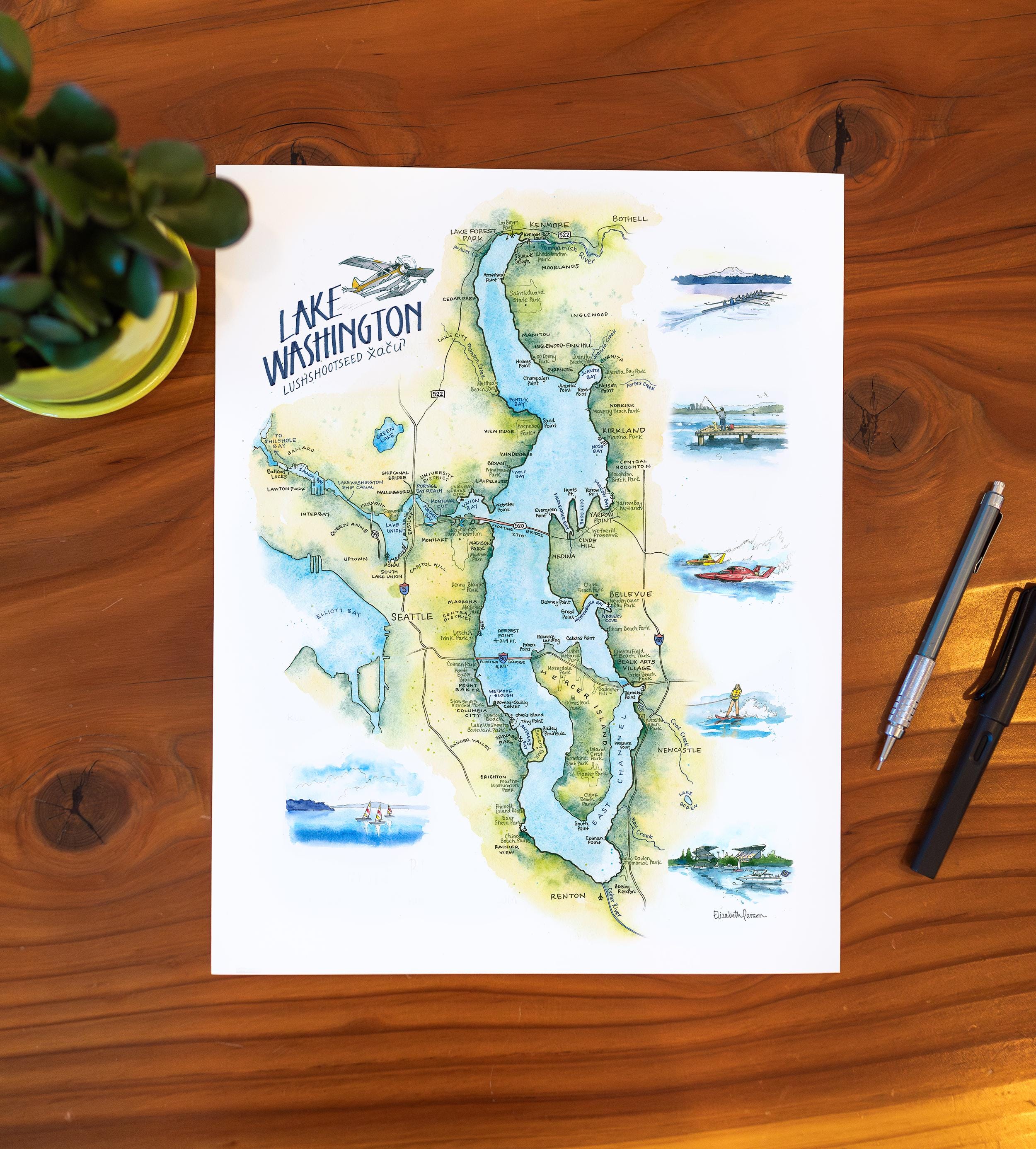 Lake Washington Map Watercolor Illustration Wall Art Print Painting - Etsy