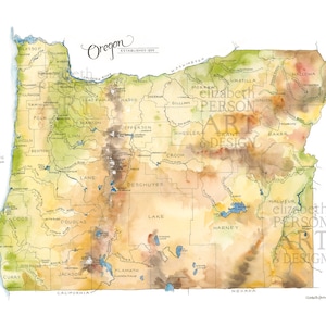 Illustration aquarelle de carte de l'État de l'Oregon Portland Ashland Eugene Salem Sisters comtés Mt Jefferson Hood carte impression d'art déco
