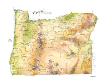 May include: A watercolor map of Oregon, showing the state's counties and major rivers. The map is painted in shades of green, brown, and yellow, with blue accents for the rivers and lakes. The text "Oregon Established 1859" is written in the upper right corner of the map.