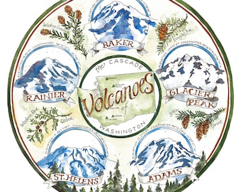 Peut inclure: Une illustration à l'aquarelle des volcans des Cascades de l'État de Washington. L'illustration présente cinq volcans : le mont Rainier, le mont Baker, le mont Adams, le mont Saint Helens et le pic Glacier. Chaque volcan est entouré d'une bordure verte avec le nom du volcan, son altitude et ses coordonnées. L'illustration est sur un fond vert avec une carte de l'État de Washington au centre.