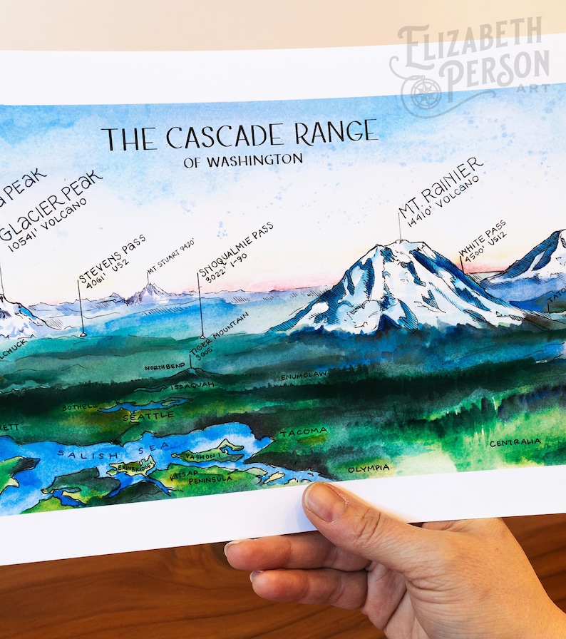 Washington Kaskaden Aquarell Illustration Kaskadenkette Berge Baker Glitter Hood St Helens WA Bergwandkunst Bild 1