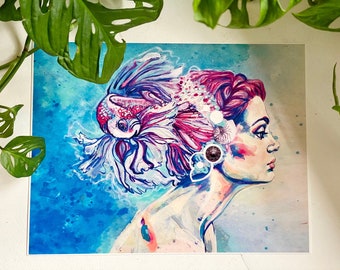Surreal Portrait Painting of Pink Hair Goddess with Betta Fish Ponytail | Bathrooom Wall Decor | Magical Portrait Wall Art | Feminine Art