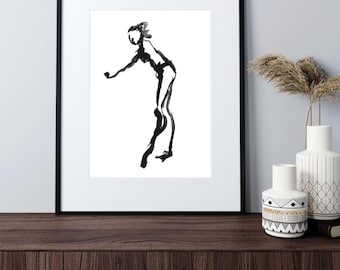 Figure No. 1 Graceful Motion Abstract Ink Art Print - Minimalist Black and White Figure Drawing - Dance Wall Art for Modern Home Decor