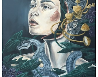 Enchanted Forest Art Print: Mystical Portrait with Snake and Mushrooms - Ethereal Botanical Decor for Unique Home Design