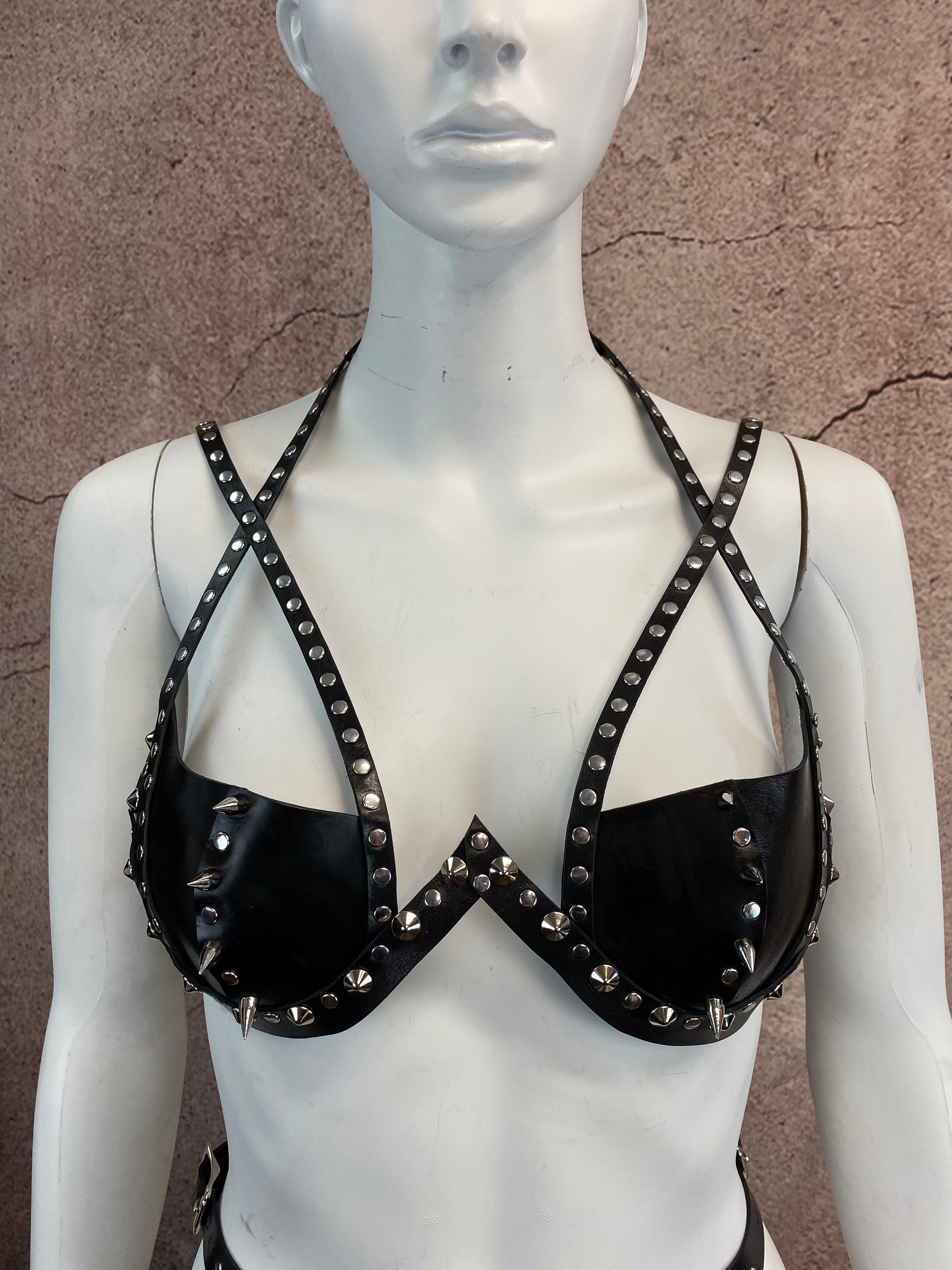 The Stigmata Bra, Leather Bra With Spike and Stud Detail, Hand-dyed Leather  Lingerie, Spiked Bra Harness, Leather Lingerie, Custom Harness -   Denmark