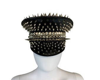 The Zeitgeist Hat, Handmade Leather Military Style With Spikes and Studs, Handmade Custom Hat with Hand-Stitching and Custom Metal Tag