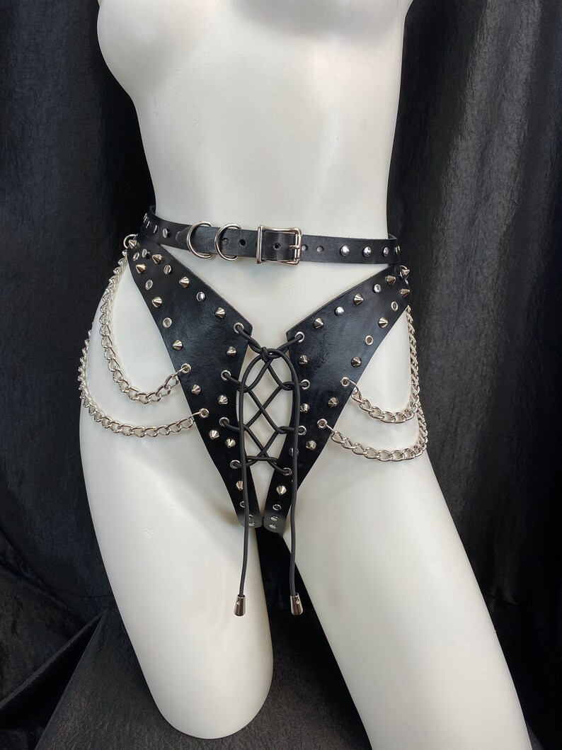 The Injustice Lace-Up Panties, Hand Dyed Leather Crotchless Underwear, Adjustable Lace-up Underwear With Chains and Spikes, Custom Lingerie 