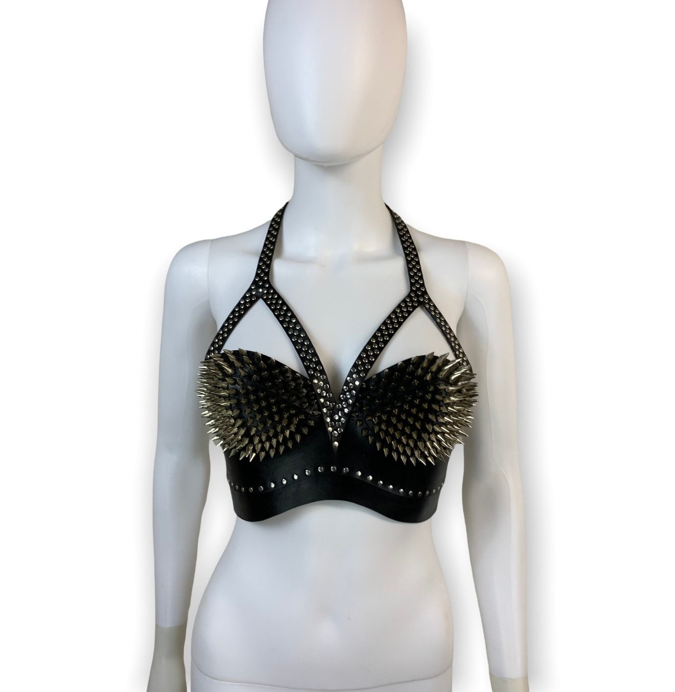 Hand Sewn SILVER Spiked Bra Reinforced Stitching 