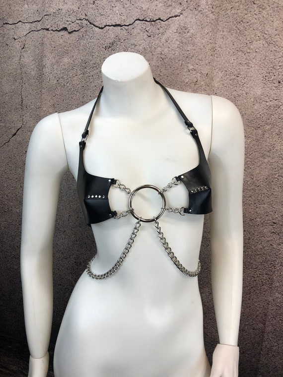 The Asmodeus Bra, Leather Fashion Bra With Ring and Chains, Custom