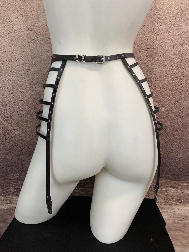 Custom Leather Lingerie Adjustable Hand Dyed Leather Waist Crotchless Leg Harness With Garter Straps The Prodigal Garter Belt