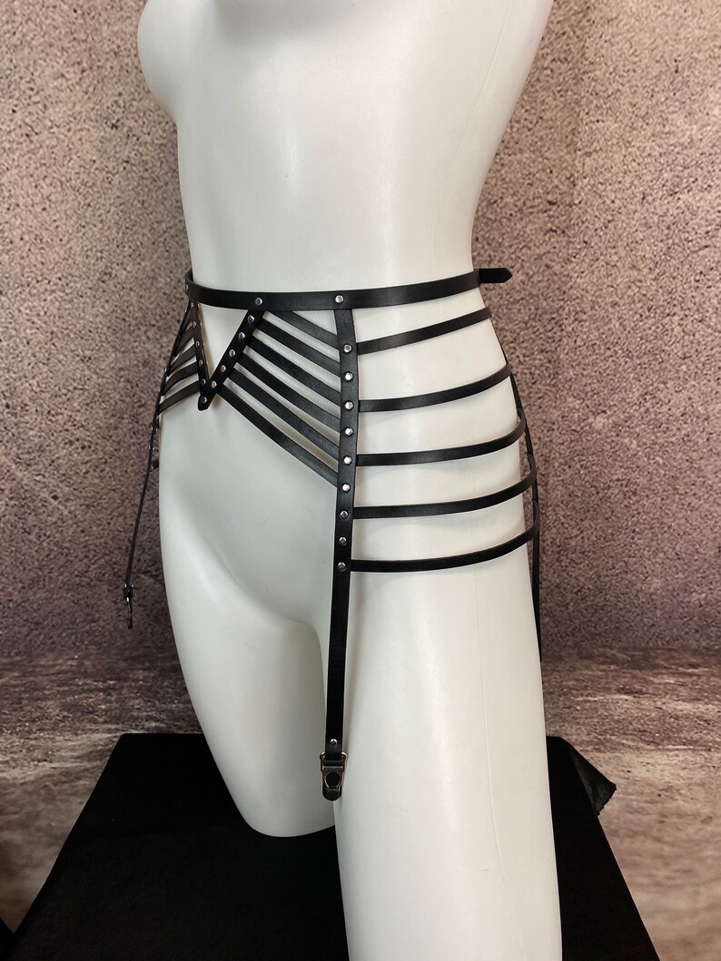 Custom Leather Lingerie Adjustable Hand Dyed Leather Waist Crotchless Leg Harness With Garter Straps The Prodigal Garter Belt