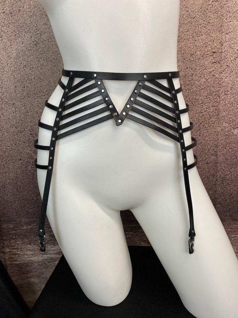 Custom Leather Lingerie Adjustable Hand Dyed Leather Waist Crotchless Leg Harness With Garter Straps The Prodigal Garter Belt