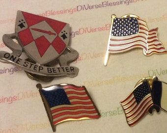 Clutch Pins, Various Assorted, US Flag,Patriotic, French American, Military, 1249th Engineer Bn, Unit Crest, One Step Better, See Photos