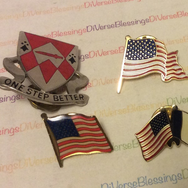 Clutch Pins, Various Assorted, US Flag,Patriotic, French American, Military, 1249th Engineer Bn, Unit Crest, One Step Better, See Photos