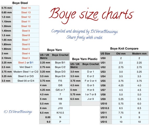 Boye Knitting Needles Size Chart