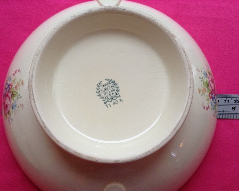Taylor Smith Taylor TST Tureen Lidded Bowl with Handles Floral Design Roses Wildflowers Wide Gold Band Leaf Pattern