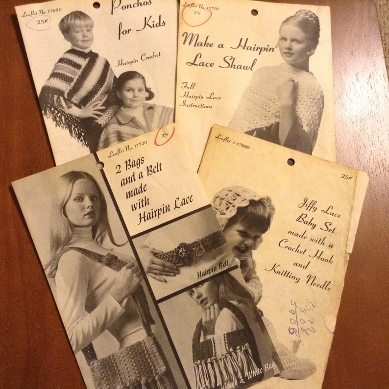 Lace Crochet CJ Bates Pattern Rare Hairpin Printed in USA Leaflet Broomstick Lot of 4