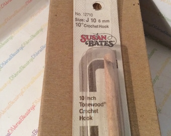 Susan Bates, Box of 6, NOS, 6mm Size J 10, Tonewood, 10 Inch, Afghan Tunisian, Inline Hook, Crochet Hook, Made in USA, Wood