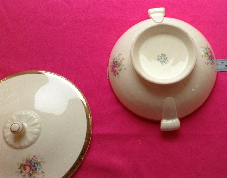 Taylor Smith Taylor TST Tureen Lidded Bowl with Handles Floral Design Roses Wildflowers Wide Gold Band Leaf Pattern