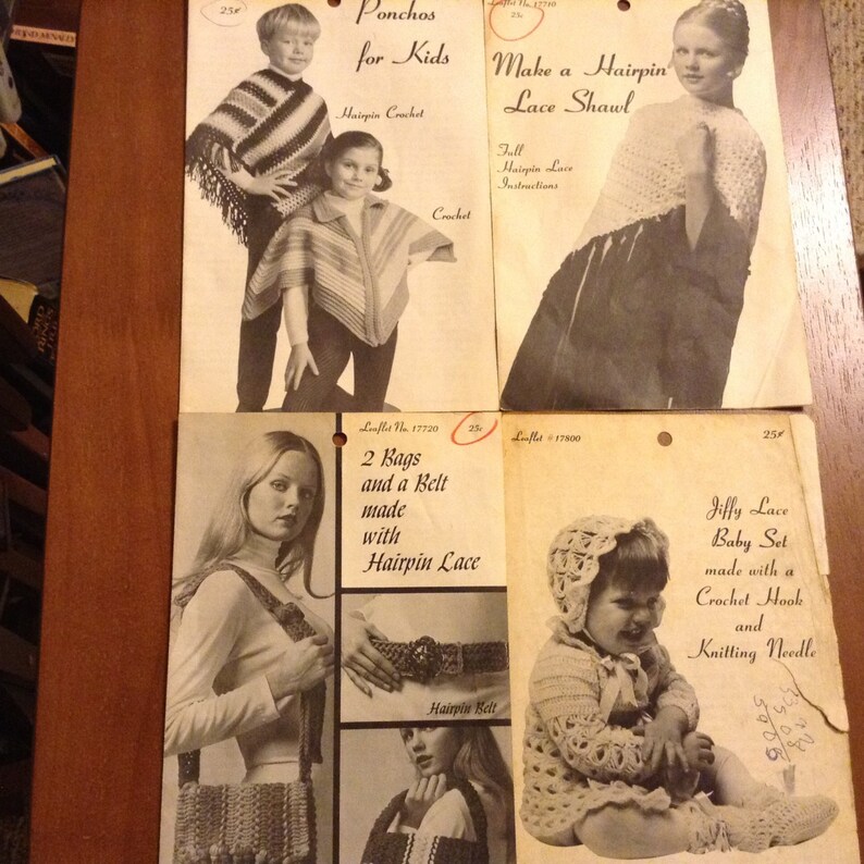 Lace Crochet CJ Bates Pattern Rare Hairpin Printed in USA Leaflet Broomstick Lot of 4
