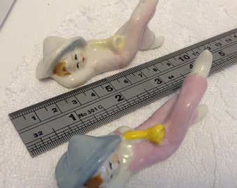 Little Boys, Blue hat, Pink Overalls, Yellow Horn, Porcelain, Made in Japan, Set of 2, Figurines