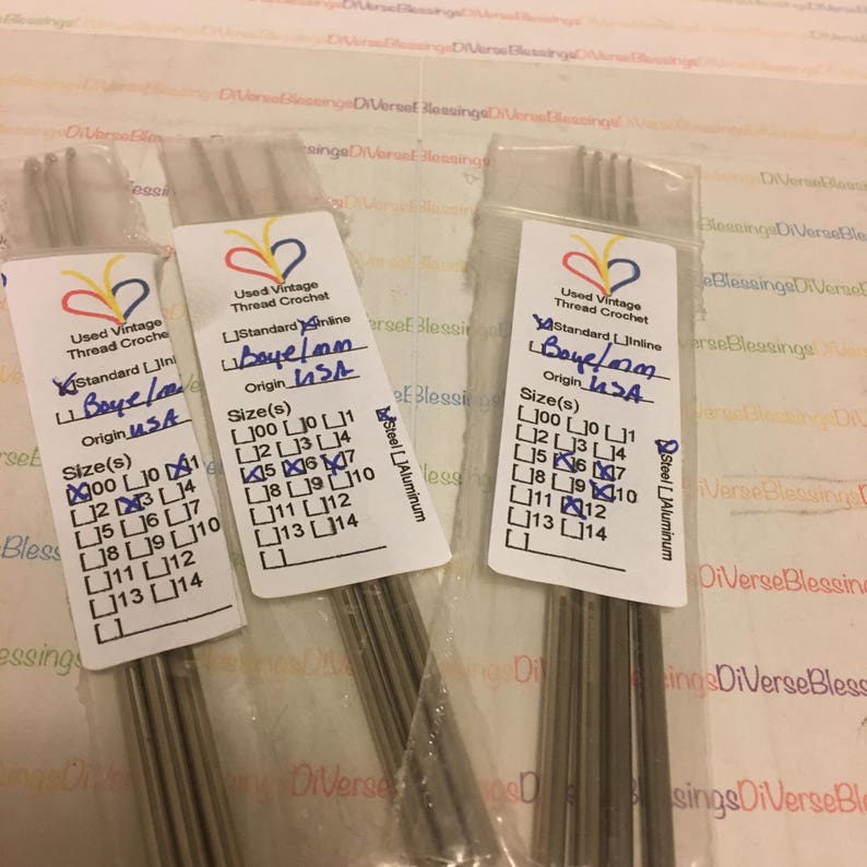 Tatting Boye Single hooks or Small Lots Made in USA Packaged Sets Size plus mm Thread Steel Crochet Hooks