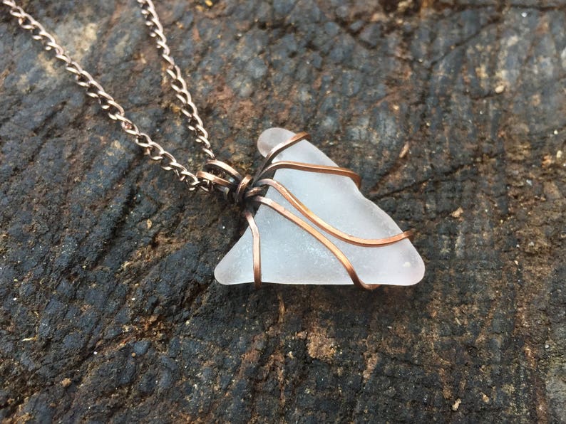 Simple And Clean White Long Island Beach Glass And Oxidized Copper Wire Wrapped Necklace With Adjustable Antique Bronze Chain