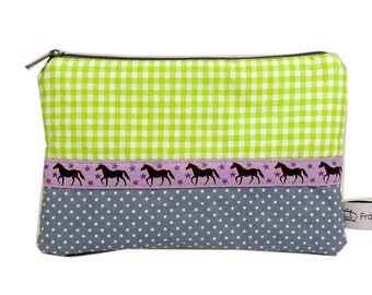 Trousse personnalisable trousse cheval trousse à maquillage petite trousse scolaire trousse cadeau vert gris violet turquoise chevaux pois