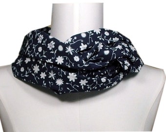 Gift woman-ladies loop blue-gift birthday-scarf blue white flowers-gift grandma-cotton scarf dark blue-farewell gift colleague