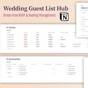 Könnte beinhalten: Eine digitale Oberfläche für die Hochzeitsplanung, die einen Gästelisten-Hub mit RSVP- und Sitzplatzverwaltungstools bietet. Die Oberfläche zeigt Tische, Gästenamen und RSVP-Status an. Der Text lautet "Wedding Guest List Hub" und "Stress-free RSVP & Seating Management."