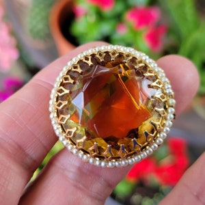 Vintage Amber-Colored Glass Brooch With Pearl & Gold-Tone Frame
