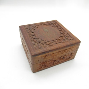 Vintage Hand-Carved Rosewood Stash & Jewelry Box With Brass Inlaid Leaf and Floral Design