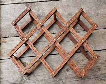 Vintage Wine Rack Accordian Carved Wood Folding Free Standing Made in India Holds 8 Wine Bottles Counter Table Top