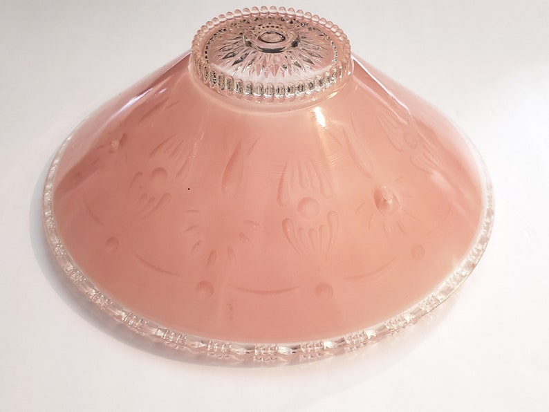 Vintage Pink Ceiling Light Shade Salmond Pink 3 Hole Mount 10 Inch Clear Glass Shark Tooth Zig Zag Clear Rim Petite Size Bathroom Hall Light