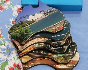 Vintage Sydney Australia Landmarks Souvenir Coaster Set With Cork Backs
