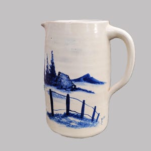 Blue Decorated Stoneware Storie Pottery Marshall Texas Large Pitcher Barn Landscape 1992 9.5"