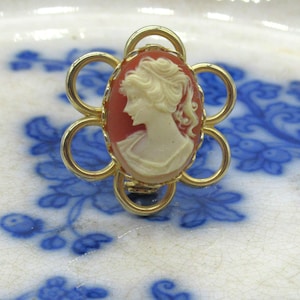 Pretty Vintage Cameo Brooch Pin Gold-tone Metal Resin Oval Ponytail Cameo