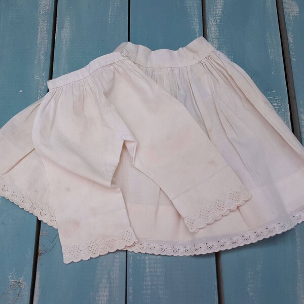 Vintage doll whites petticoat drawers china doll clothes white cotton handsewn matched set eyelet lace trim hems buttons fits small dolls