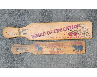 Vintage Wooden Novelty Paddles Graphics and Text Board Of Education & Bear Behind Designs