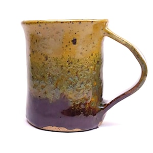 Studio Pottery Mug Earthy Green Gold & Brown Glaze Signed Joan G