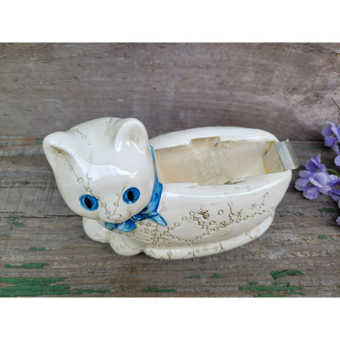 Vintage Cat Tape Dispenser Blue Ribbon White Ceramic 1985 Etsy